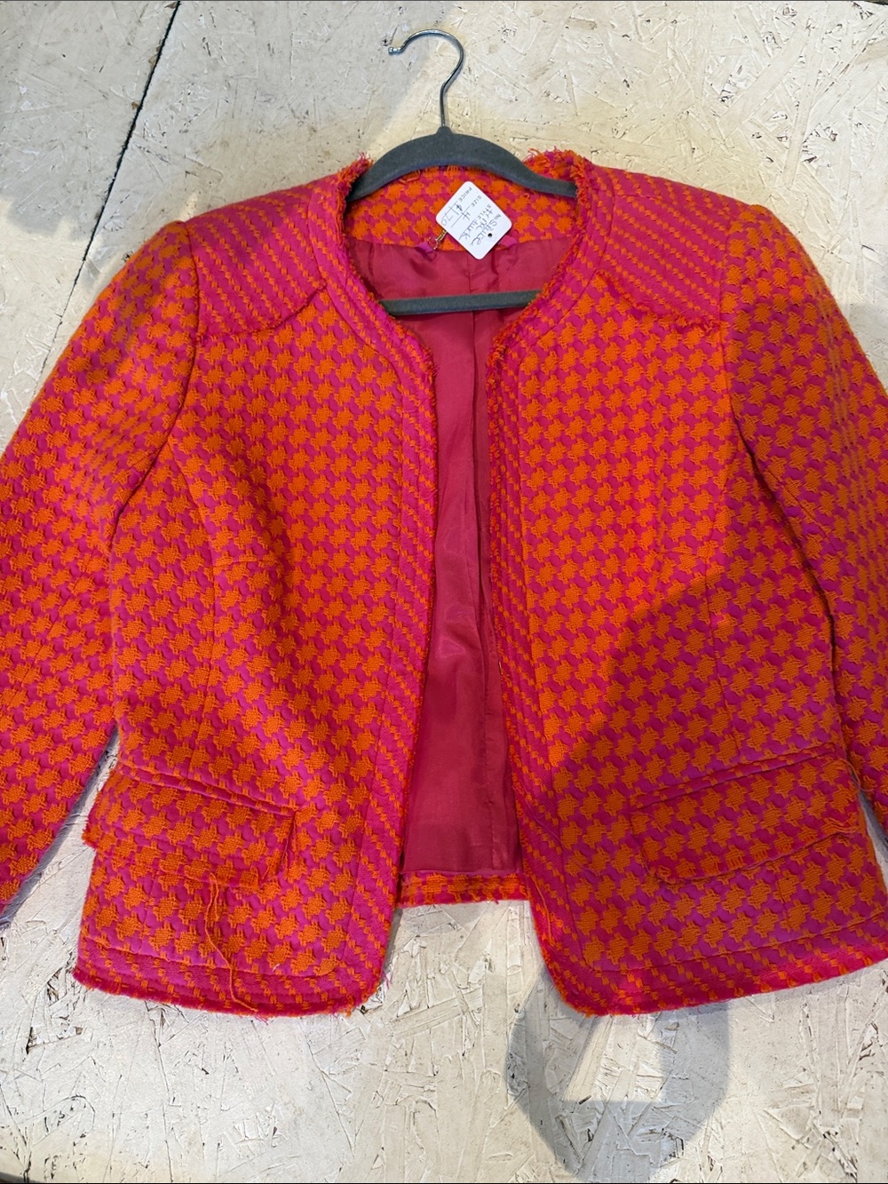 Trina Turk Pink and Orange Houndstooth Tweed Blazer